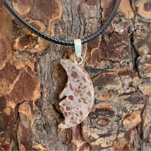 Fossil Stone Crescent Man in Moon Face Pendant Necklace Polished Half Moon 20"